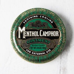 Vintage Watkins menthol camphor ointment green gold black round empty tin 3.5"